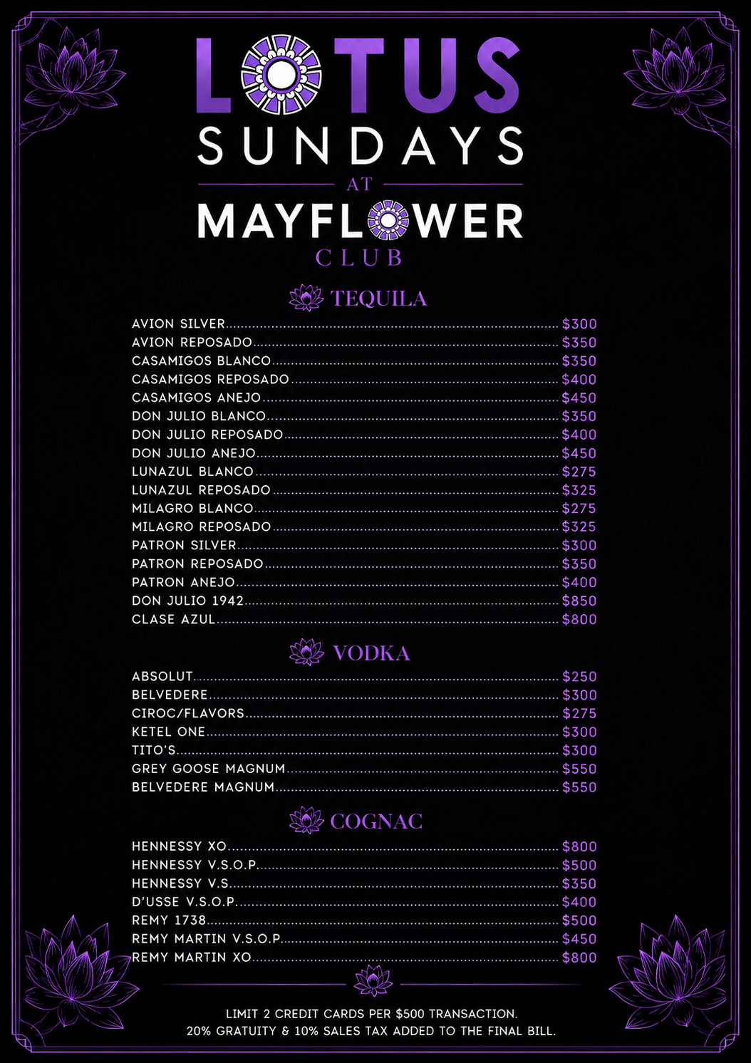 Lotus Sundays bottle menu page 1