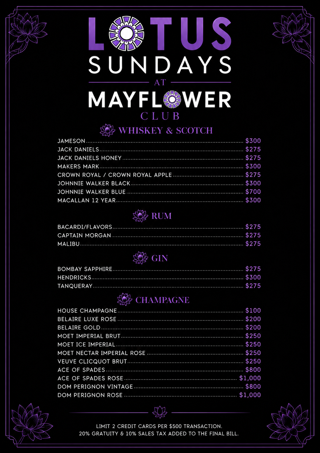 Lotus Sundays bottle menu page 2